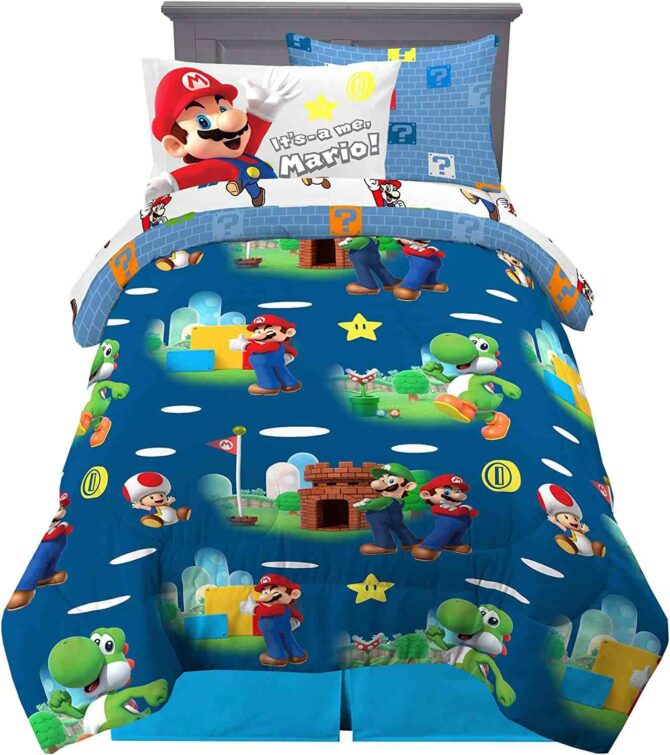 Franco Kids Bedding Super Mario Super Soft Comforter and Sheet Set with Sham, 5 Piece Twin Size