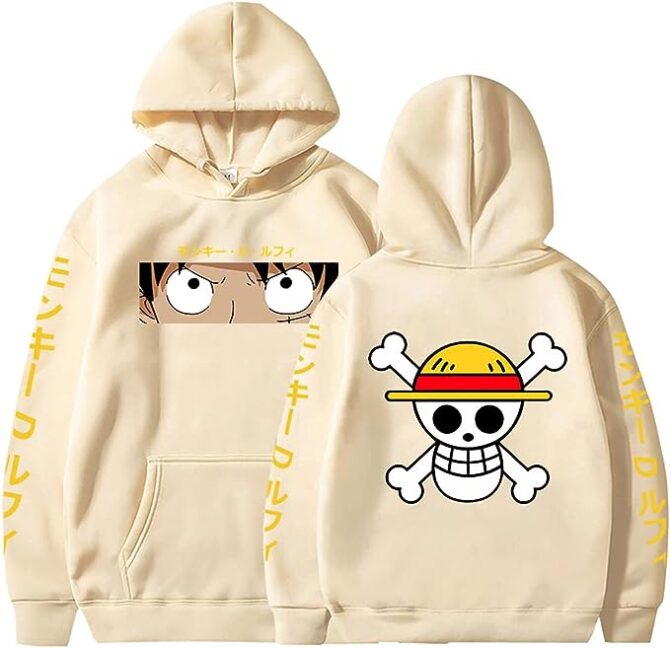 Anime One Piece Monkey D. Luffy Sweatshirt Hoodie Jolly Roger Skull Straw hat Khaki Beige